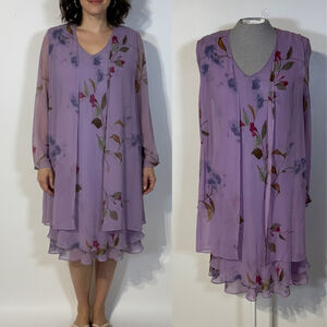 Jones New York Purple Floral Long Sleeve Dress Women's Size 10 Silk V-Neck Layer